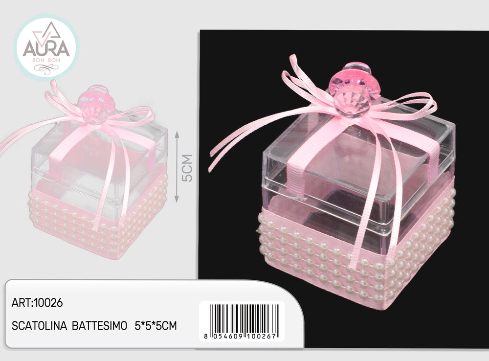 Scatolina quadrata trasparente con ciuccio rosa – Aura, 1 pz