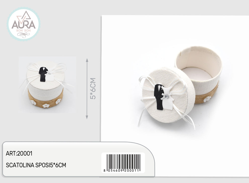 Scatolina tonda sposi 5x6 cm – Aura, 1 pz