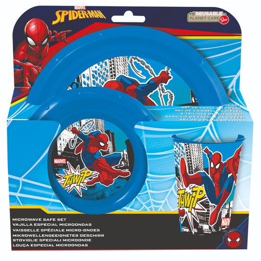 Spiderman set 3 pz.piatti fondo + piano + Bicchiere