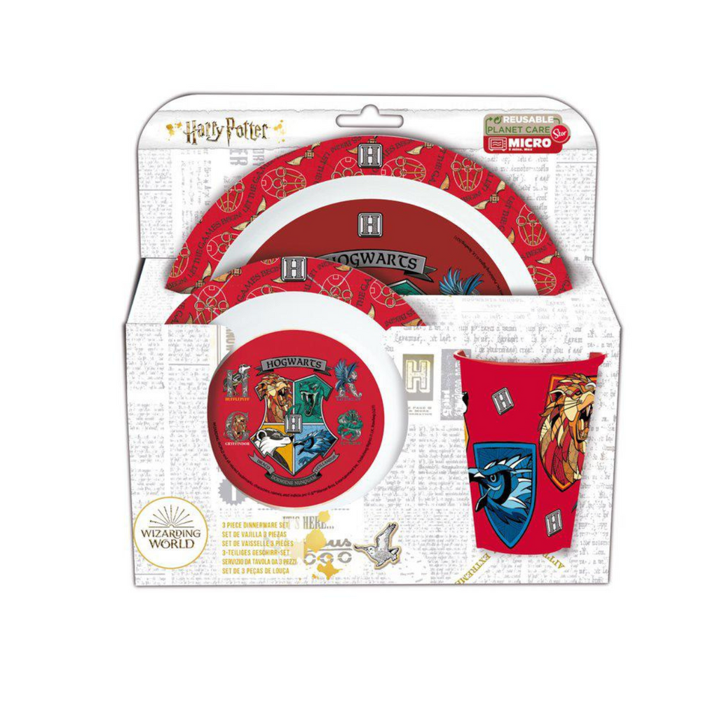 Set pappa Harry Potter School Shields piatto piano, piatto fondo e bicchiere per microonde – Aura, 3 pz