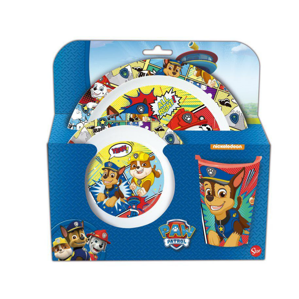 Set pappa Paw Patrol Comic piatto piano, piatto fondo e bicchiere per microonde – Aura, 3 pz