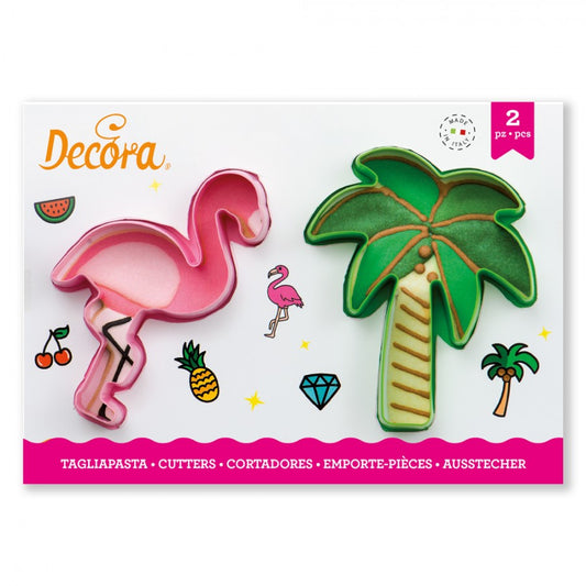 Set of 2 plastic flamingo and palm tree cookie cutters