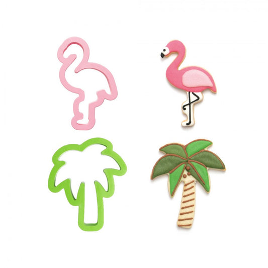 Set of 2 plastic flamingo and palm tree cookie cutters