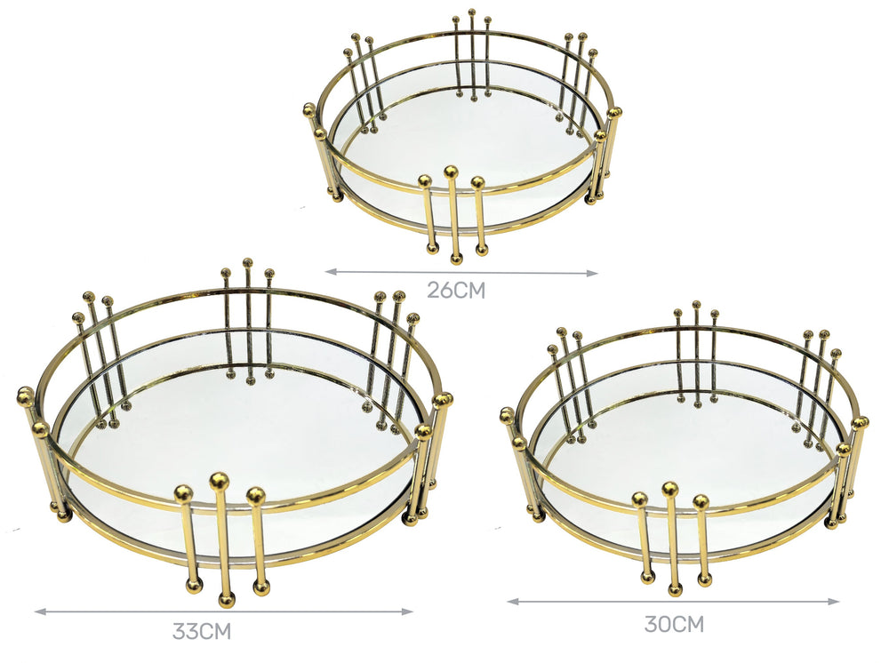 Set 3 vassoi tondi oro con fondo a specchio Ø 26, 30 e 33 cm – Aura, 3 pz
