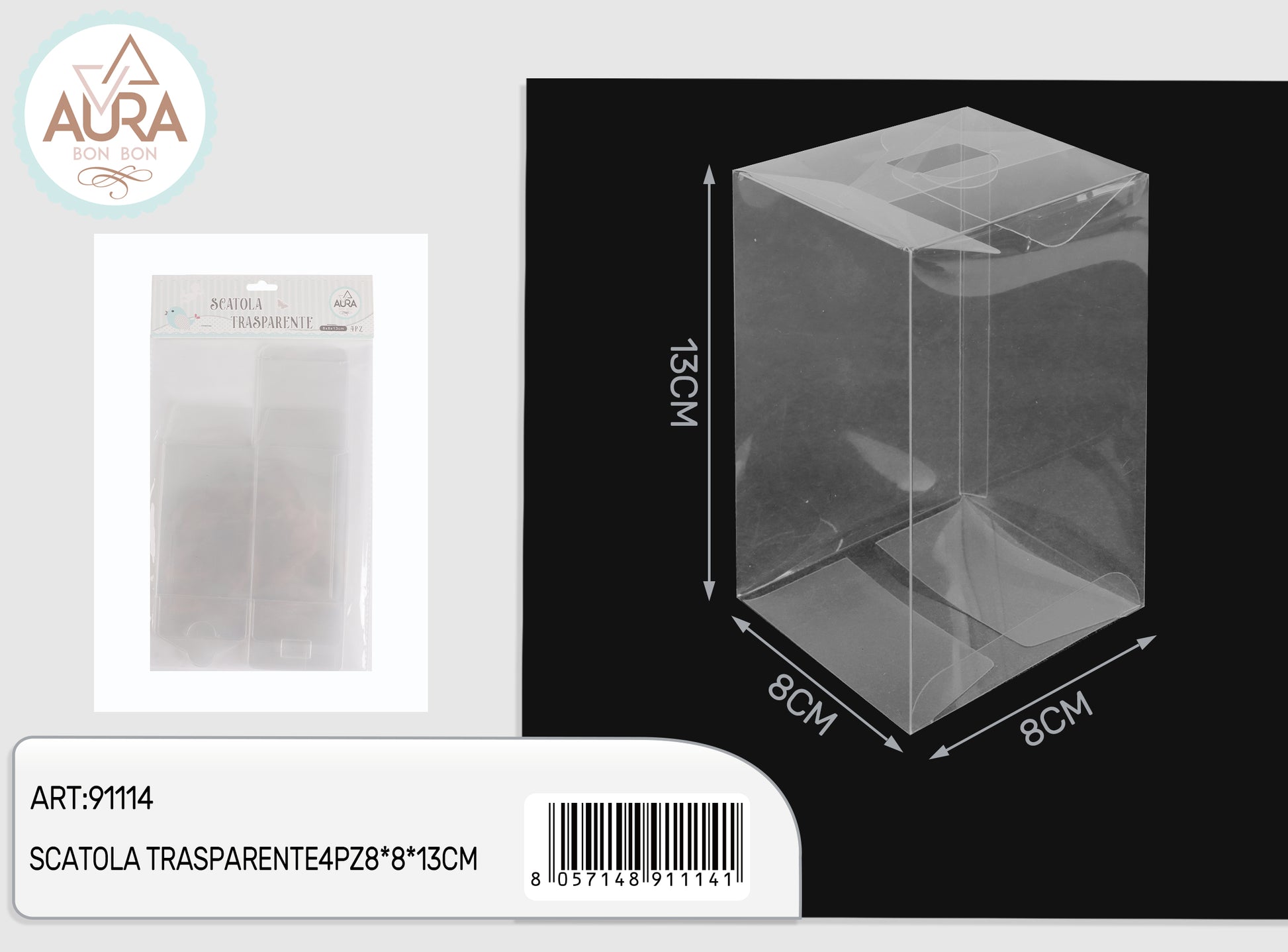 set 4 box trasparente 8x8x13cm