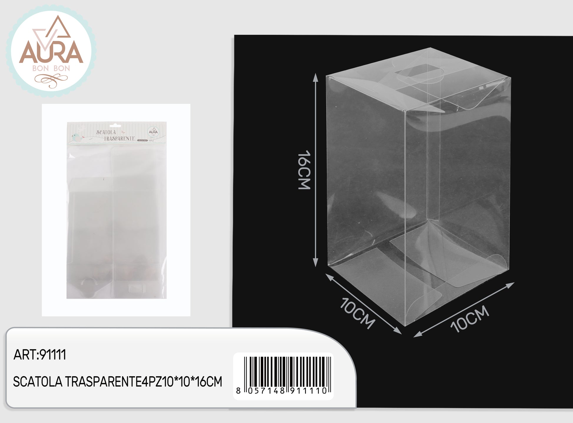 set 4 box trasparenti 10x10x16cm