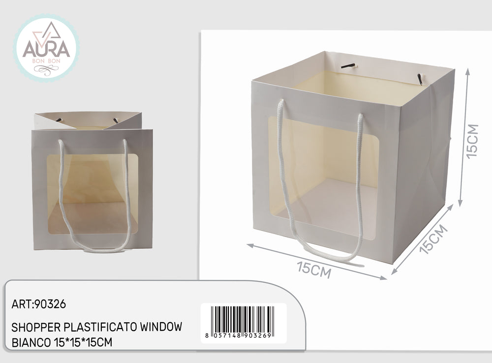 Plastic shopping bag with window 15x15x15cm white