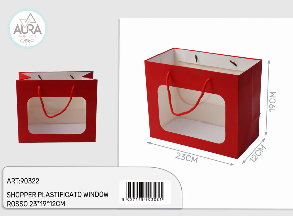 Plastic shopping bag with window 23x12x19cm red