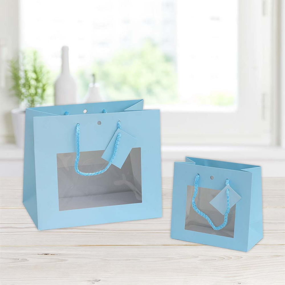Opaque laminated shopper bag, size 16x8x14cm, blue window