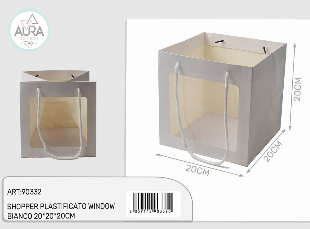 Plastic shopping bag with window 20x20x20cm white