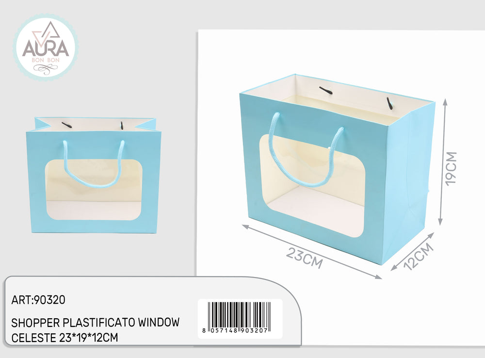 Plastic shopping bag with window 23x12x19cm light blue