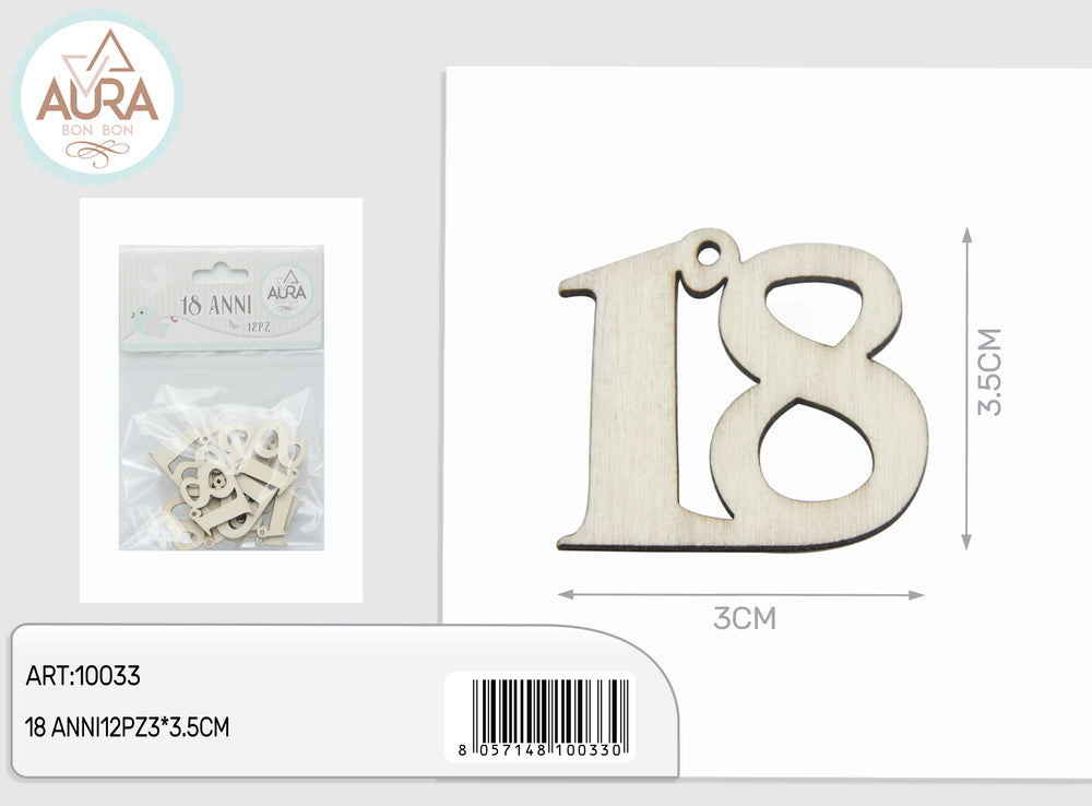 18th Birthday Wooden Tag, 12 pcs, 3x3.5cm, Natural