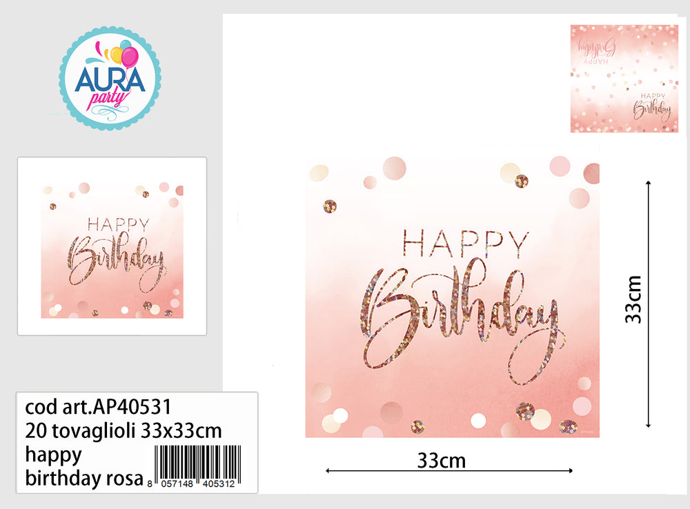 16 pink happy birthday napkins 33x33cm