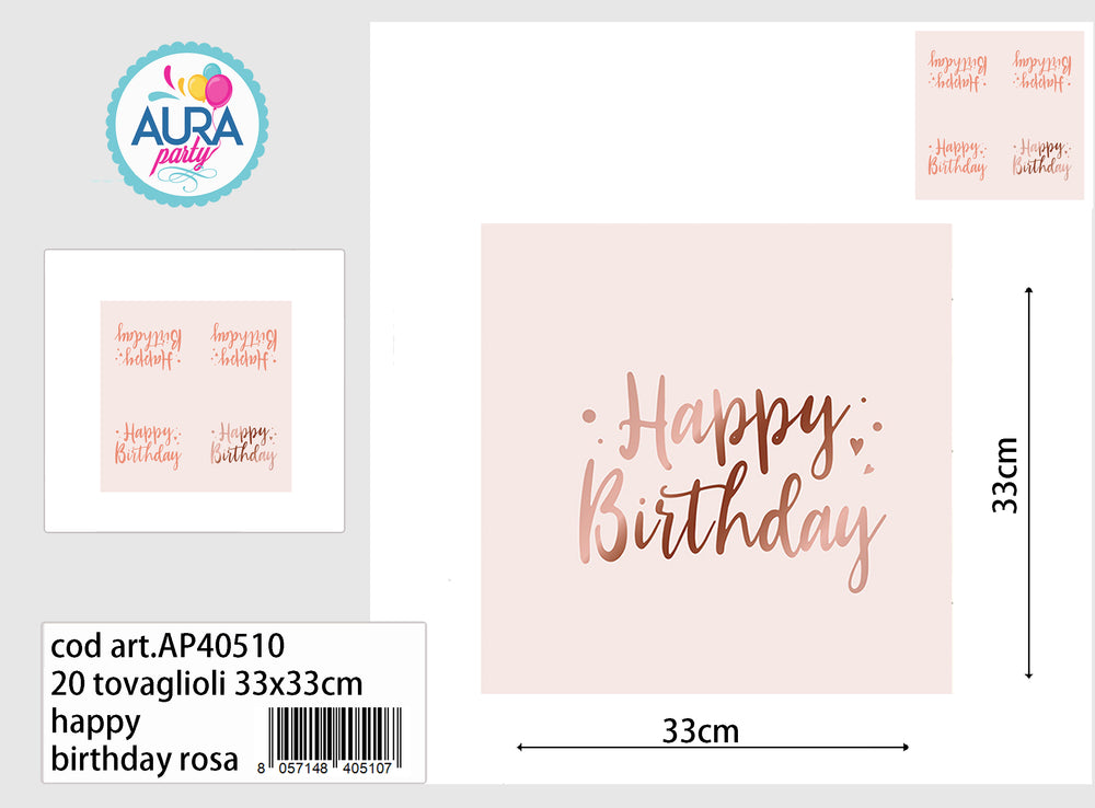 16 pink happy birthday napkins 33x33cm