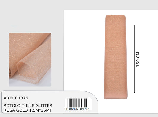 Rotolo tulle glitter rosa gold 1,5x25m  (prezzo al metro)