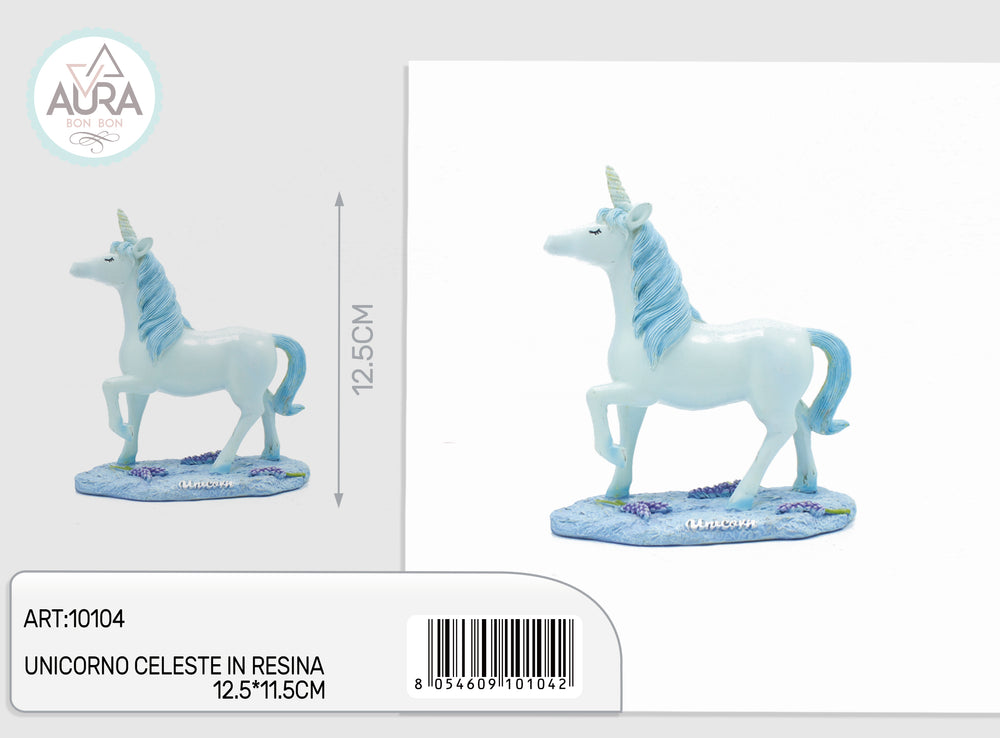 Bomboniera unicorno celeste in resina 12,5x11,5 cm – Aura, 1 pz