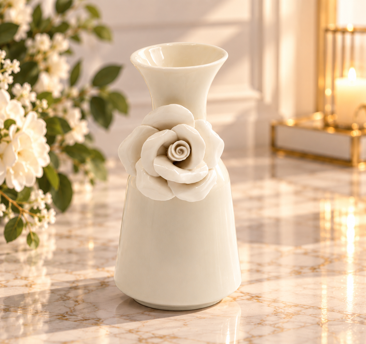 Vaso floreale Aura con rosa in porcellana in ambientazione raffinata