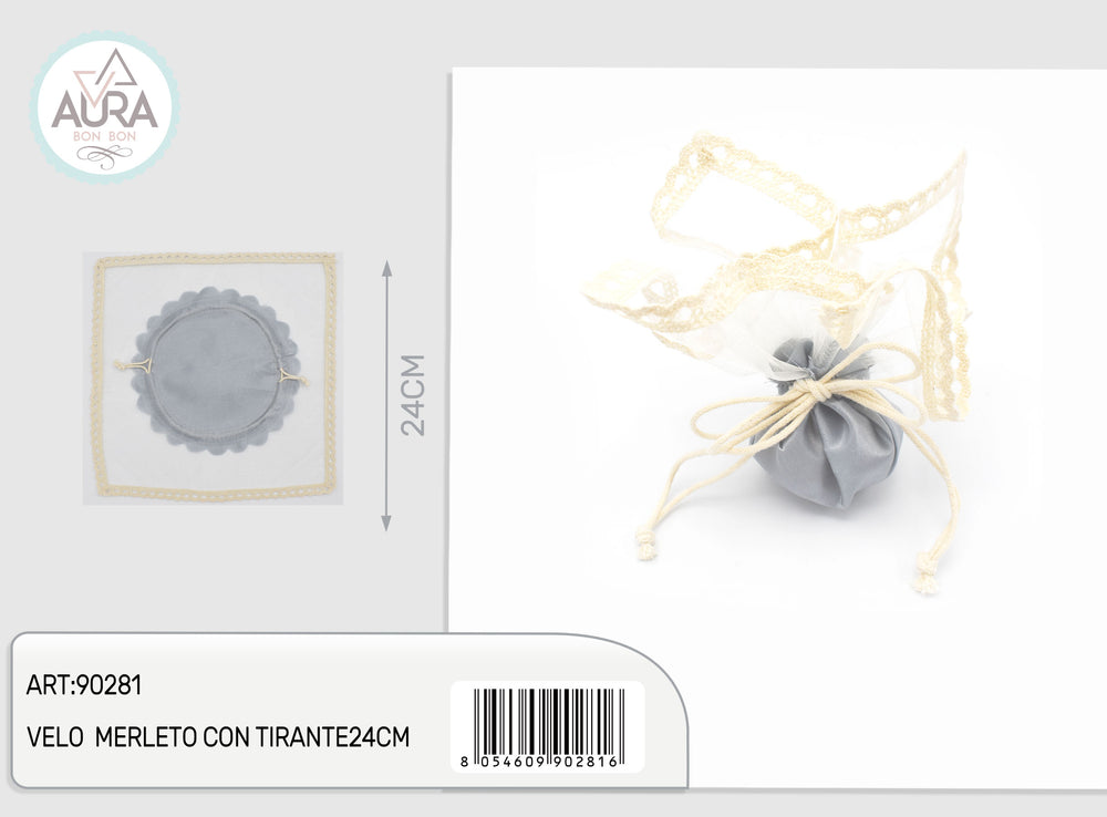 Lace veil with 24cm silver drawstring