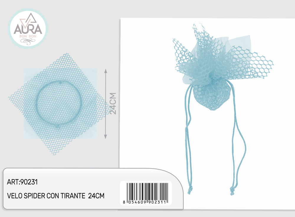 Light blue 24cm mesh veil with drawstring