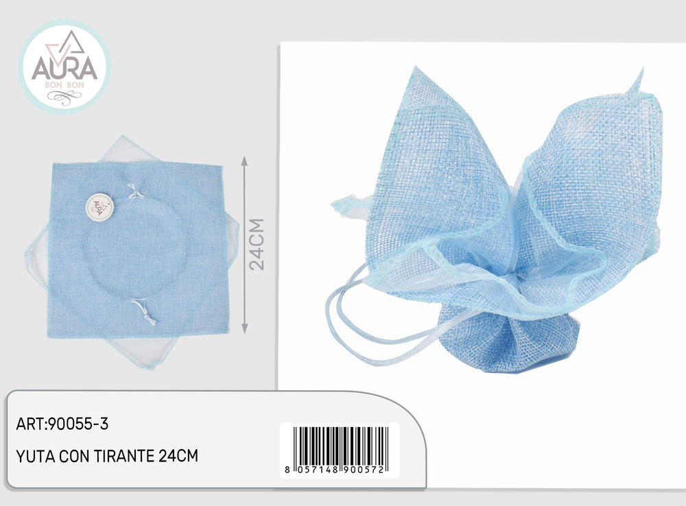 Organza and jute confetti holder with 24cm light blue drawstring